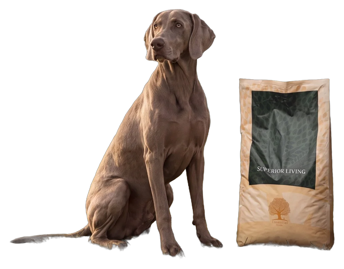 Braco de Weimar sentado junto a un saco de pienso Essential Foods